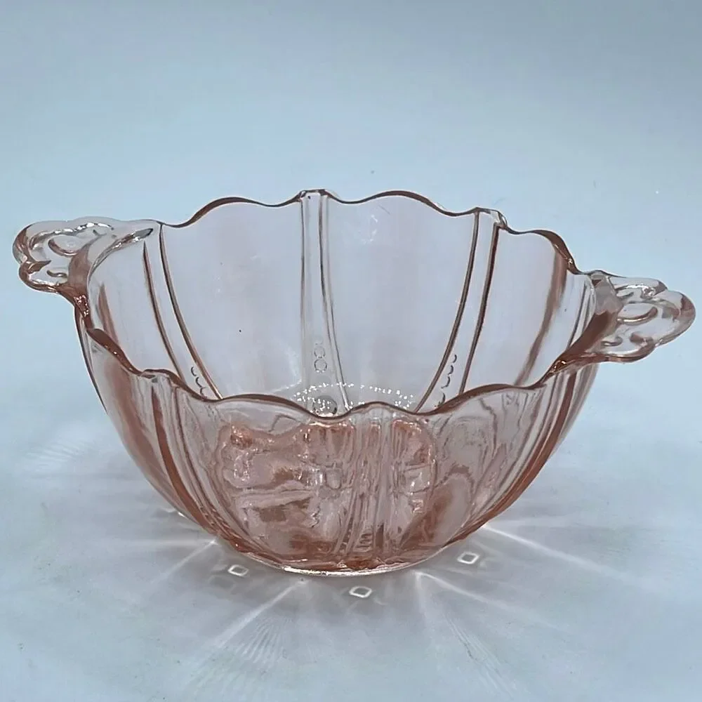 Anchor Hocking Oyster and Pearl pink depression glass handled bowl.